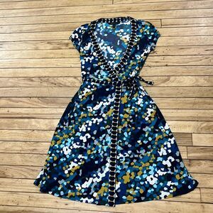BCBG MAX AZRIA Wrap Dress Midi Cap Sleeve V Neck Blue Teal Colorful XXS Bohemian